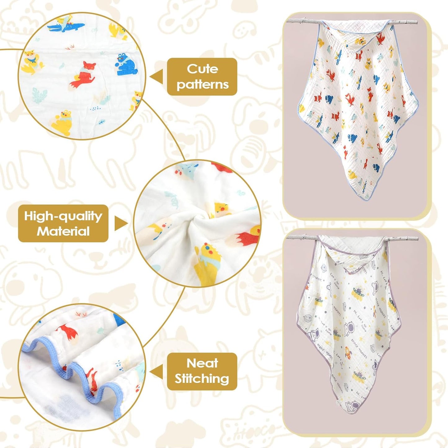 Baby Bath Towels 100% Muslin Cotton Hooded Baby Towels 2 Pack Shower Gifts for Newborn, Infant, Toddler, Kids,Super Soft and Absorbent, Large 35x35Inches
