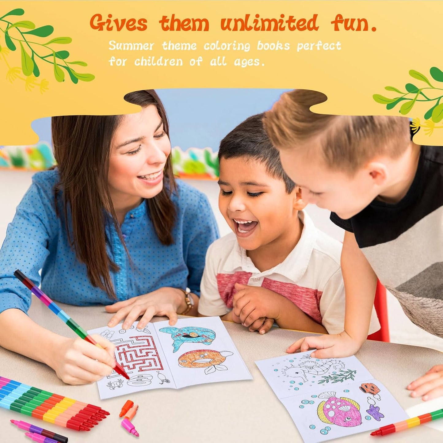 BenLouis 12 Summer Mini Coloring Books Kids with 12 Stacking Crayons Pool Beach Party Favors Small Activity Books Bulk for Kids Summer Birthday Party Gift Goodie Bag Stuffers