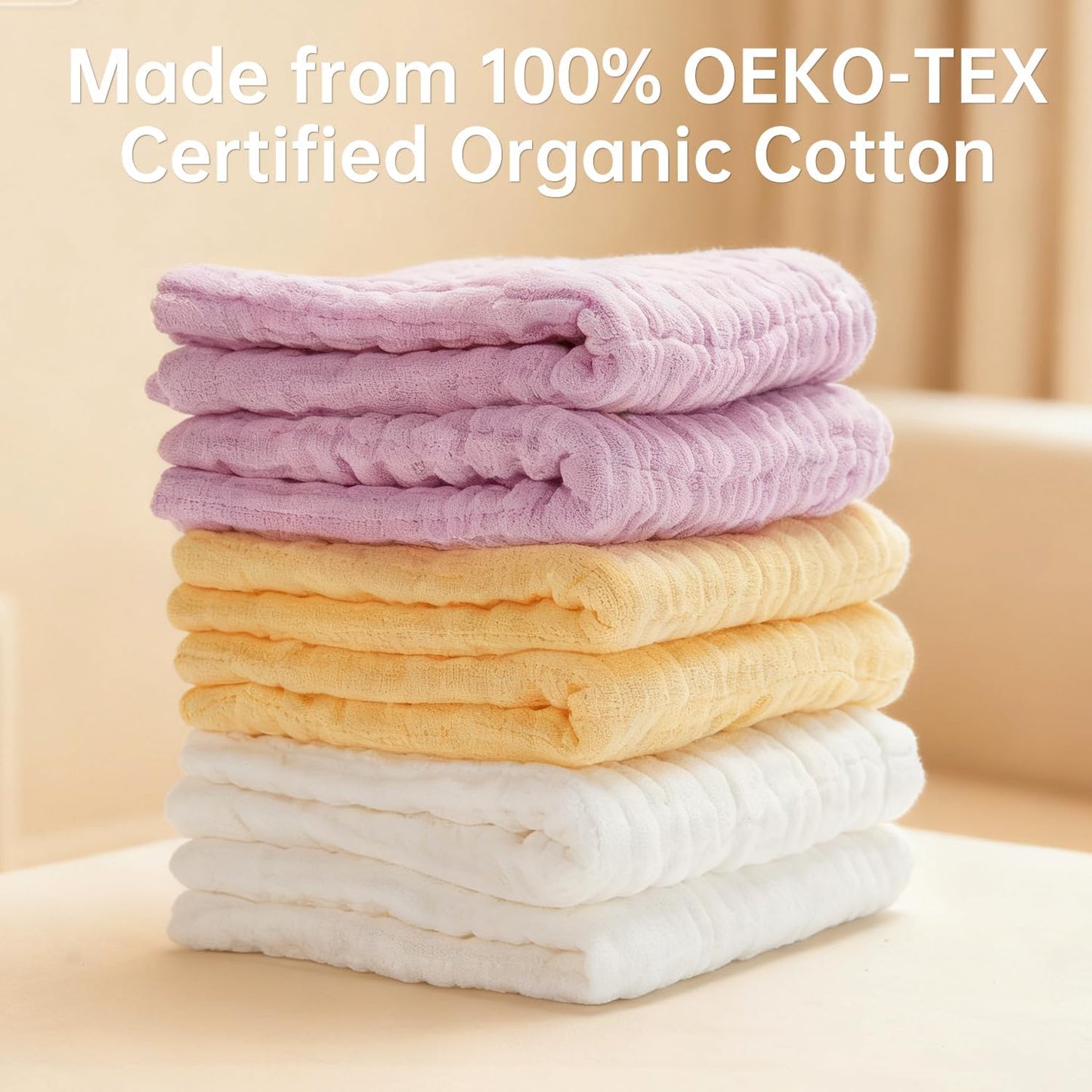 Organic Muslin Baby Washcloths 6 Pack Baby Bath Face Towel 12x12 Inch Extra Absorbent and Soft Burp Cloth and Wash Cloths for Newborn-Infants On Sensitive Skin (White Yellow Pink)