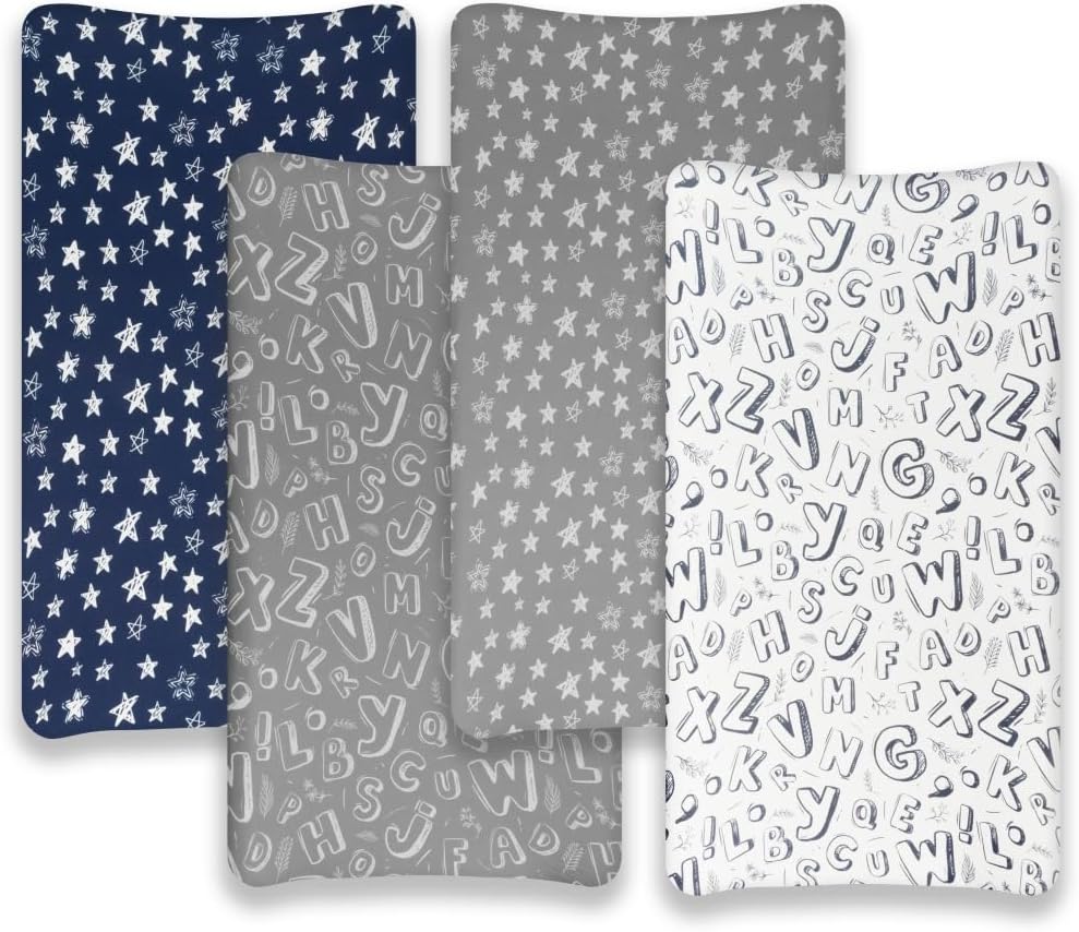 4 Pack Changing Pad Cover for Baby Boys Neutral Unisex Fitted Breathable Baby Changing Pad Sheets for Toddler Changing Table (Letter)