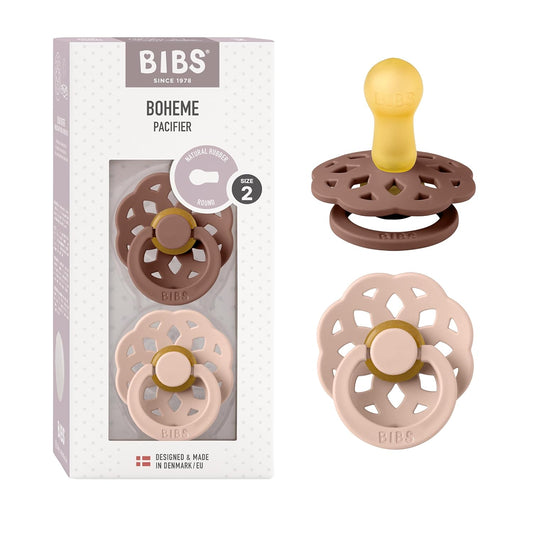 BIBS Pacifiers - Boheme Collection | BPA-Free Baby Pacifier | Made in Denmark | Set of 2 Woodchuck/Blush Color Premium Soothers | Size 6-18 Months