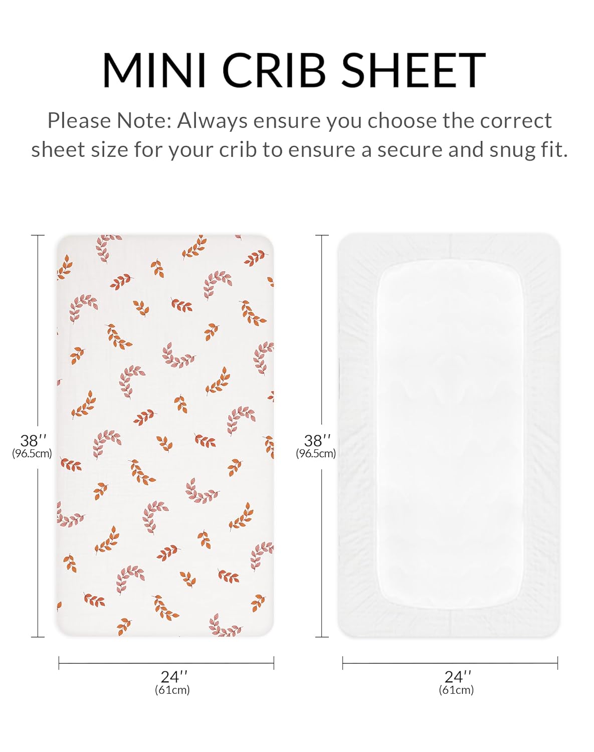Mini Crib Sheets for Baby, Fitted Pack N Play Mattress and Mini Cribs 24" x 38", Neutral Muslin Cotton Mini Crib Mattress Sheet with Boho Style, Soft and Breathable Comfort (Leaf)