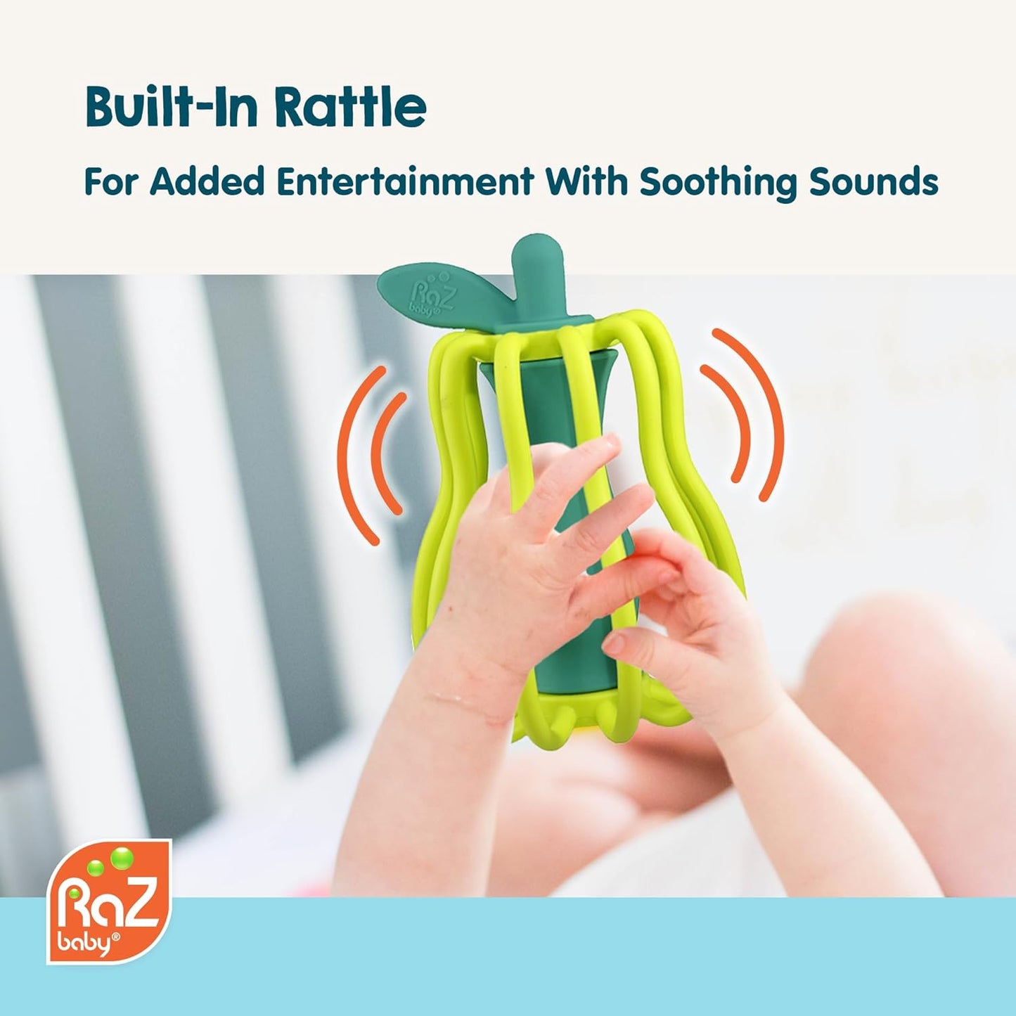 RaZbaby RaZ-Apple Silicone Teether & Rattle Toy – Soft, Flexible & Easy to Hold, Soothing Sounds for Entertainment, Textured for Teething Relief, Nipple-Shaped Stem for Comfort – BPA-Free, 3M+