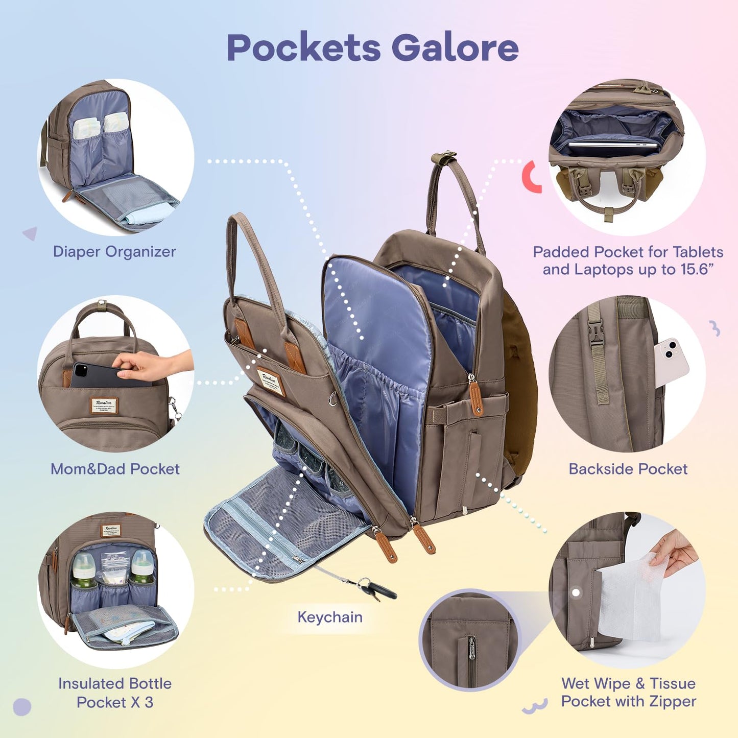 RUVALINO Diaper Bag Backpack, Multifunction Travel Pack Maternity Baby Changing Bags, Large Capacity, Waterproof, Khaki