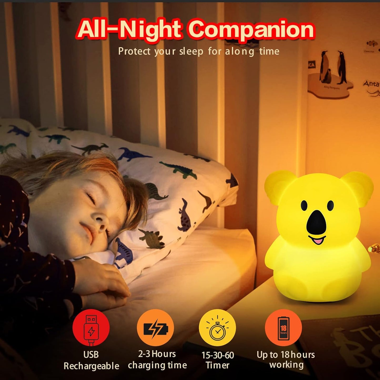 WHA&DARREN Koala Night Light for Kids, Silicone Bedside Lamp, Baby Nursery Light, Children Night Lights, Squishy Night Light for Kids Room,Kawaii Lamp, Animal Night Lights for Girls and Boys