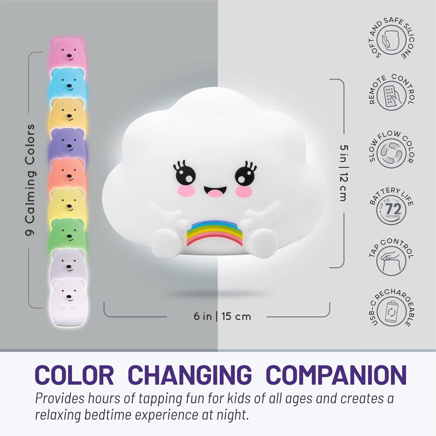 Lumipets Cloud Squishy Night Light for Kids | Soft Silicone Bedside Mood Lamp with Remote & Tap Control | Rechargeable Color Changing Night Light for Boys & Girls | Portable Nightlight with USB Cord