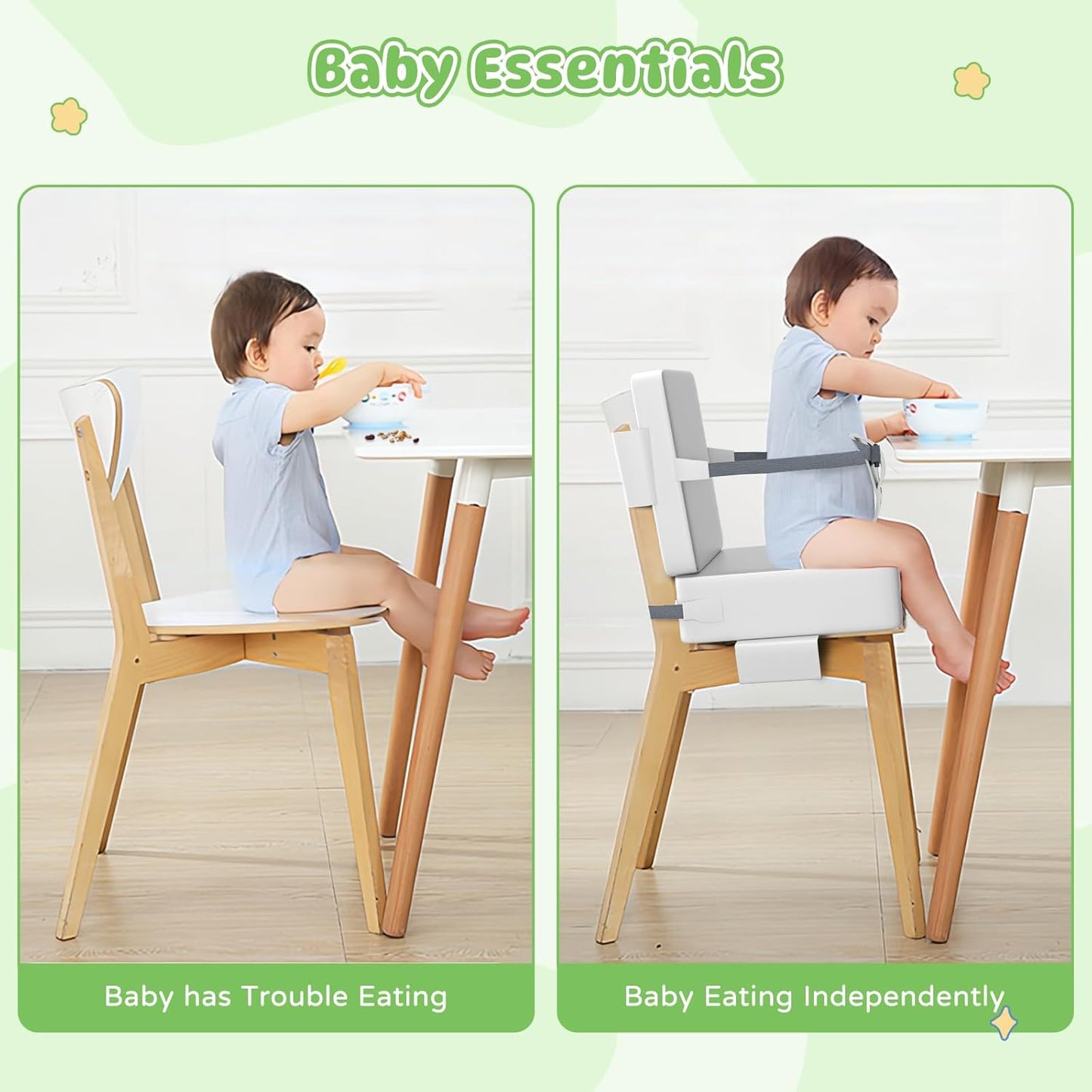 Booster Seat for Kitchen Chair, Toddler Booster Seat for Dining Table with Backrest and Safety Buckles, Portable Non-Slip Bottom Toddler Booster seat for Table