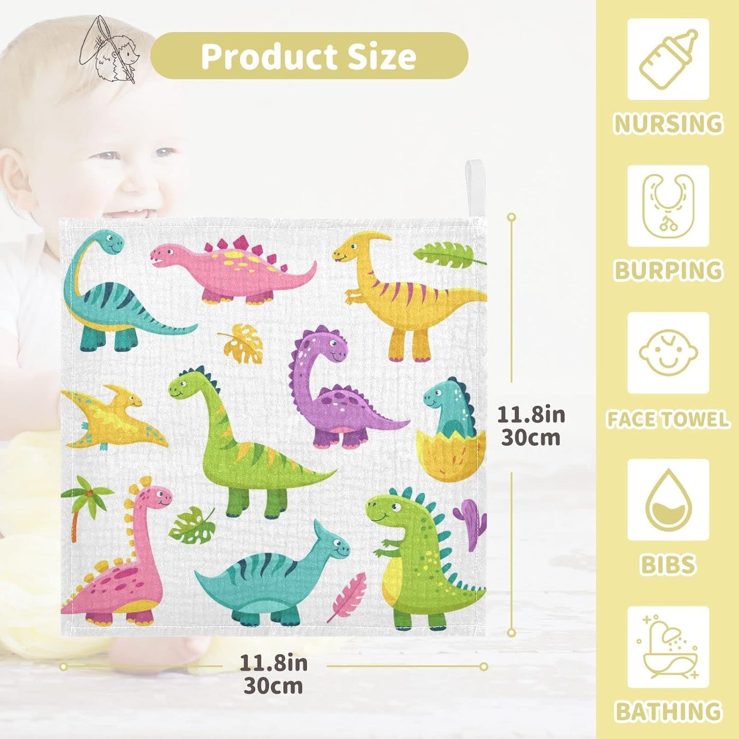 Cartoon Dinosaur Baby Muslin Washcloths Cute Burp Cloths Soft Absorbent Baby Wash Cloth Fingertip Face Towels for Newborn Boys Girls 12 x 12 in, 5 Pack