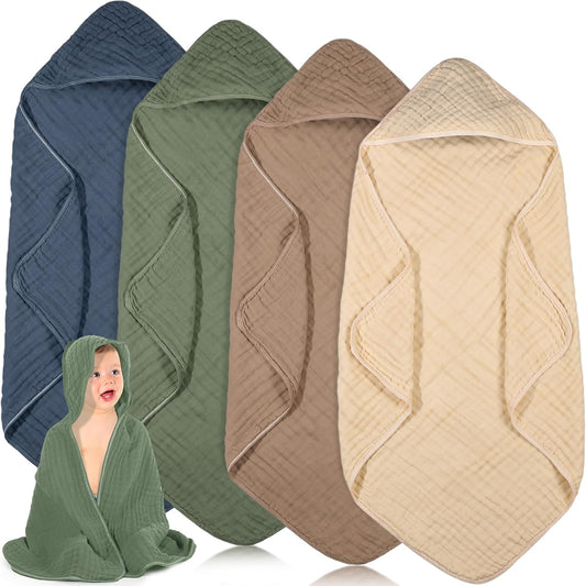 Peryiter 4 Pcs Muslin Hooded Baby Towels, 32"x 32" Cotton Newborn Bath Towel Muslin Infant Baby Blankets Absorbent Unisex Christmas Registry Gift Essentials for Girls Boys (Green)