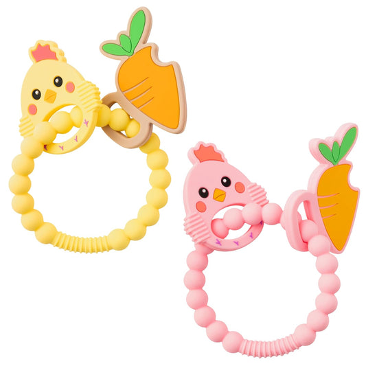Silicone Teether Toys for Babies - 2ooya 2Pcs Pink Yellow Carrot Chick Teething Ring Infant Soft Teethers, Toddler Teething Chew Toys for Newborn Boy and Girl Baby Shower Birthday Gifts