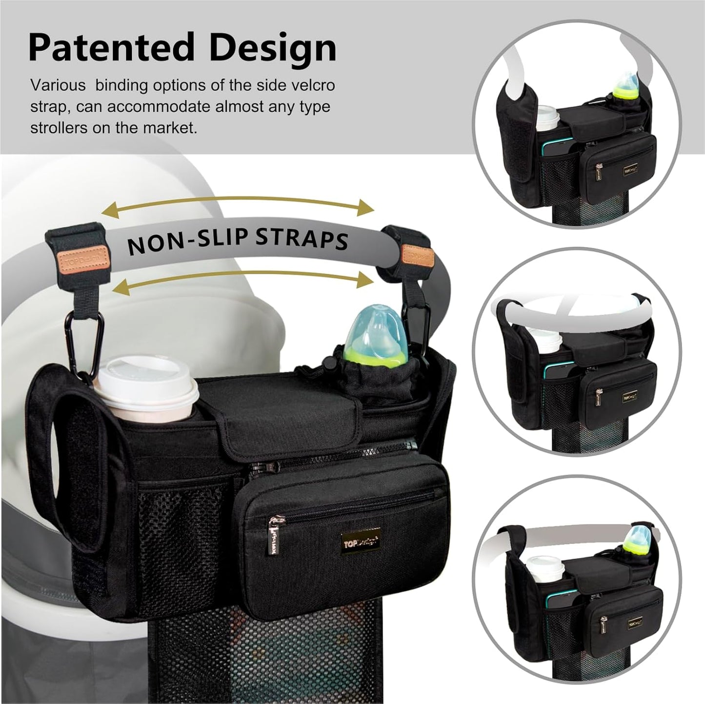 TOPDesign Universal Baby Stroller Organizer, Stroller Caddy with Detachable Mesh Bag & Heightened Insulated Cup Holders & Non-Slip Secure Hooks Accessories, Fits Most Strollers (Yoga)