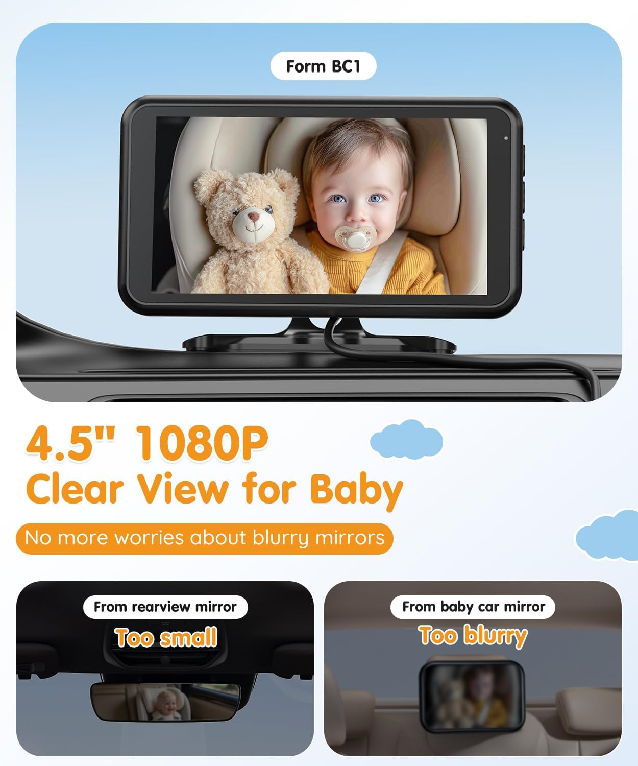 Babyvue BC1 Baby Car Camera, 4.5" 1080P HD Screen & 3X Zoom, AUTO IR Night Vision Car Baby Monitor with Adjustable Brightness, 2-Min Easy Install Car Seat Camera for Babies & Pets to Drive Safely