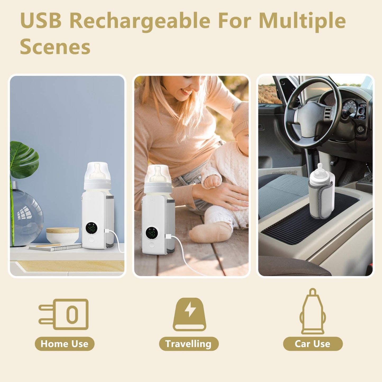Portable Bottle Warmer for Travel, Instant Heating & Constant Warming, Portable Baby Bottle Warmer On The Go for Breastmilk, Large Capacity Battery-Powered & Rechargeable, Temperature Display