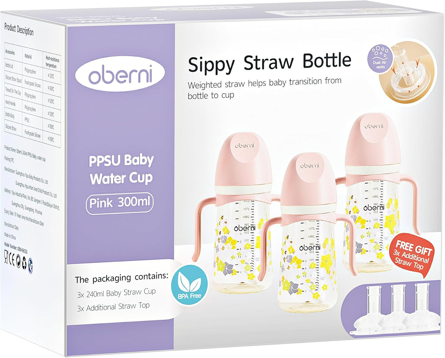PPSU No Spill Sippy cups,Weighted Straw Toddler Water Bottle with Handle,Spill Proof Toddler Cup with Leakproof Spout for Baby 6-12 Months and Toddlers 1-3 (10 Ounce, Pink, 3 Pack)