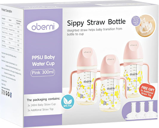 PPSU No Spill Sippy cups,Weighted Straw Toddler Water Bottle with Handle,Spill Proof Toddler Cup with Leakproof Spout for Baby 6-12 Months and Toddlers 1-3 (10 Ounce, Pink, 3 Pack)