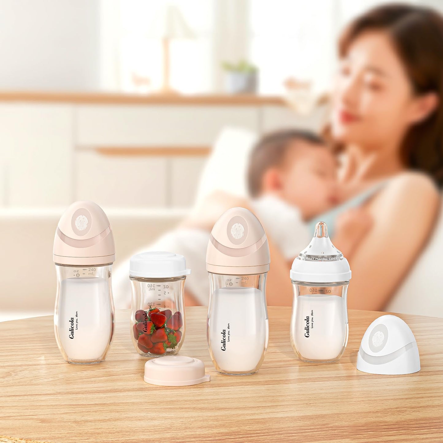 Gulicola Natural Glass Baby Bottle for Breastfed Babies, Anti-Colic Baby Bottle Set with Medium Flow Nipple, 3 Months +, 8 oz, 2 Pack - Pink