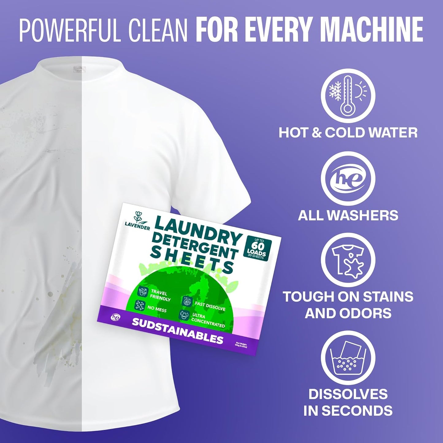 Sudstainables Laundry Detergent Sheets 60 Loads – Dissolvable Laundry Sheet for Washing Machines, Compact Alternative to Liquid & Powder Detergent, Travel-Friendly Soap | Lavender