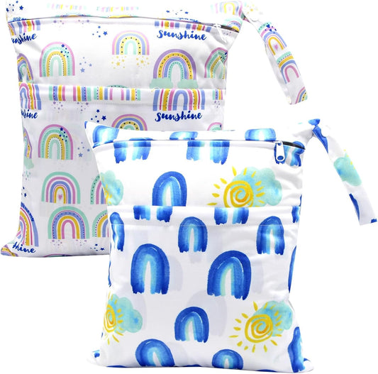 2pcs Waterproof Wet Bags with Two Zippered Pockets, Washable, Reusable for Travel, Beach, Pool, Stroller, Diapers, Dirt Gym Clothes, Wet Swimsuits, Toiletries -Rainbows