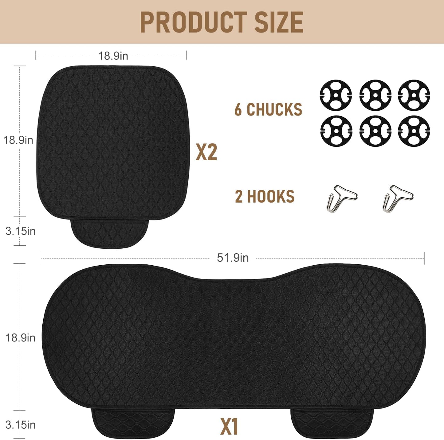 Linen Car Seat Covers, Black Back Seat Cover for Cars Include 1 Pair Front Car Seat Cover Protectors with Breathable Linen and Non-Slip Bottom Universal Fits SUVs,Cars,Sedans (Black)
