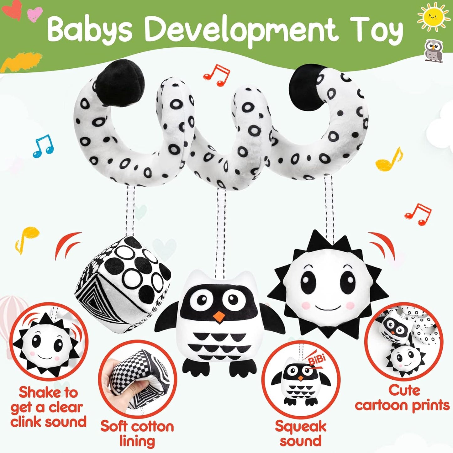 Baby Spiral Hanging Stroller and Car Seat Toys Black and White High Contrast Sensory Toy Newborn Plush Activity Toys Party Favors Quality Gifts for Baby Shower -OWL