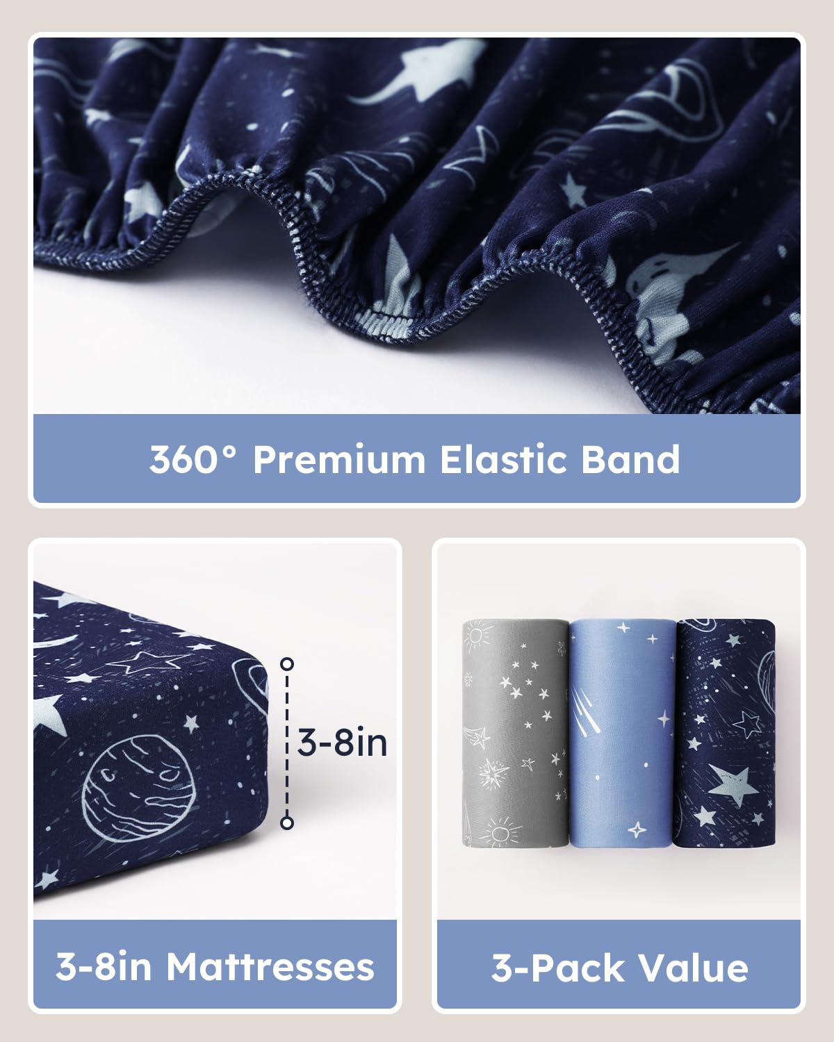Baby Crib Sheets for Boys Girls, 28x52x8in Fitted Crib Sheet Neutral 3 Pack for Standard Crib and Toddler Mattress, Breathable Soft Microfiber Baby Sheet Blue Gray Planet