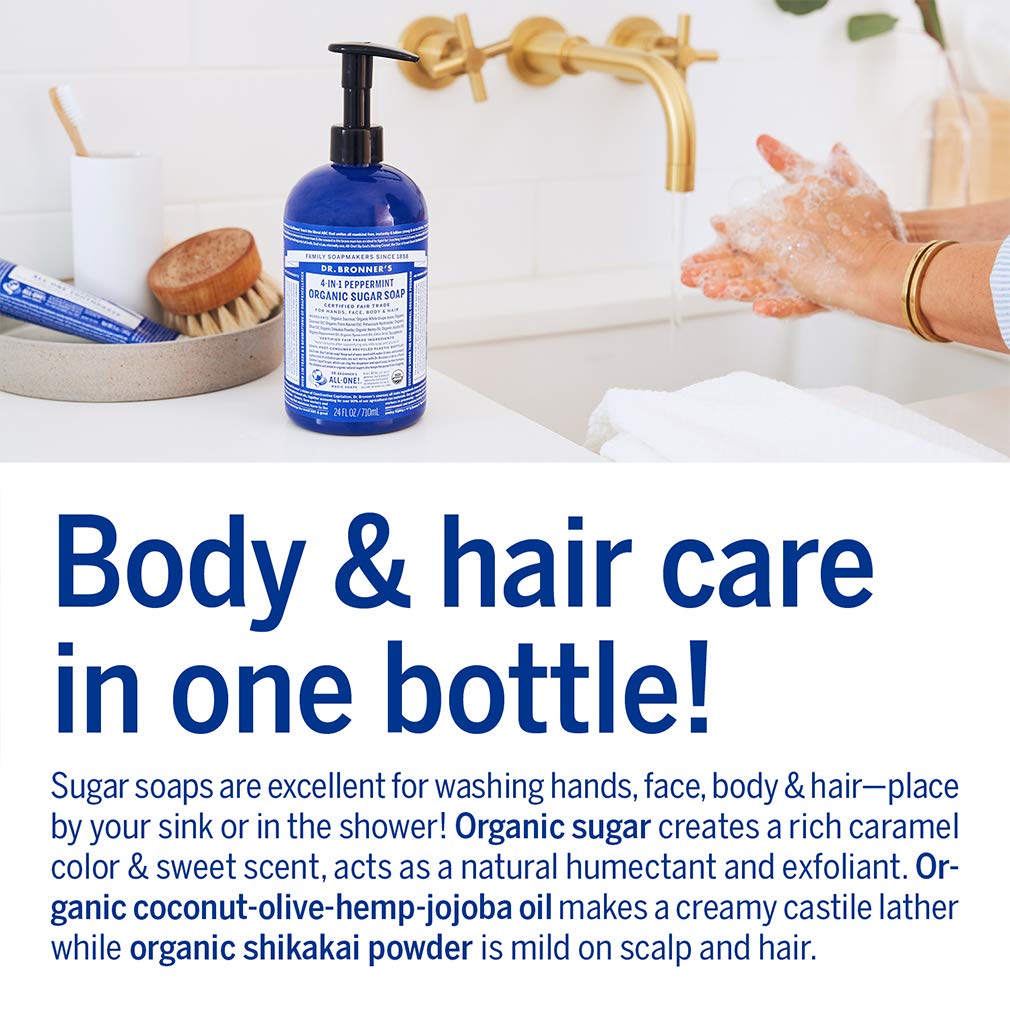 Dr. Bronner's Organic Sugar Soap (Peppermint, 64 Ounce)- Made with Organic Oils, Sugar & Shikakai Powder, 4-in-1 Uses: Hand and Body Wash, Face, Hair- Cleanses, Moisturizes, Nourishes, Vegan