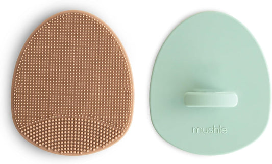 mushie Baby Bath Cradle Cap Brush | Soft Silicone Bristles for Dry Skin, Eczema, & Cradle Cap Treatment | 2-Pack (Natural/Cambridge Blue)