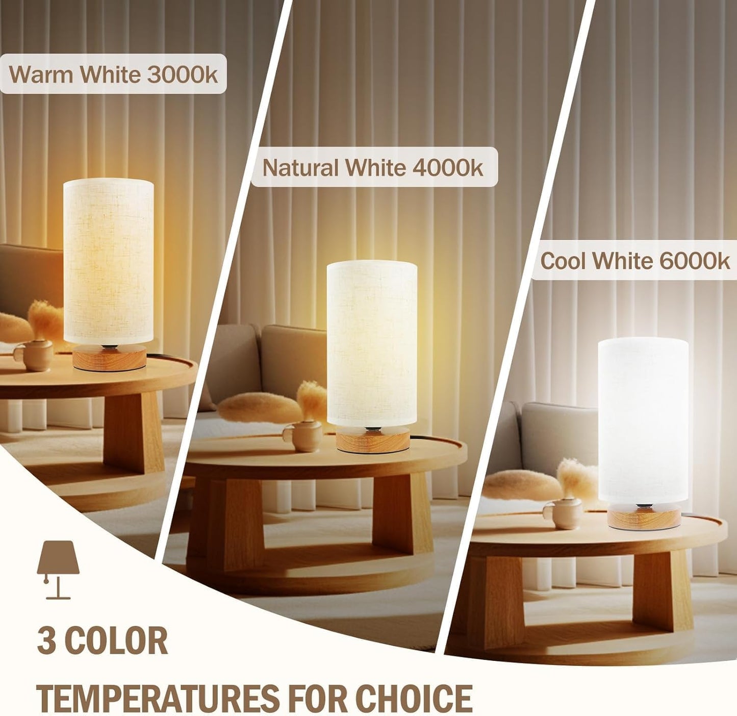3-Color Adjustable Bedside Table Lamp for Bedroom Set of 2,Minimalist Wood Base&Round Fabric Shade,Cozy Lighting Nightstand Boho Lamp,Reading Desk Night Stand Light for Room,Office,kitchen,Nursery
