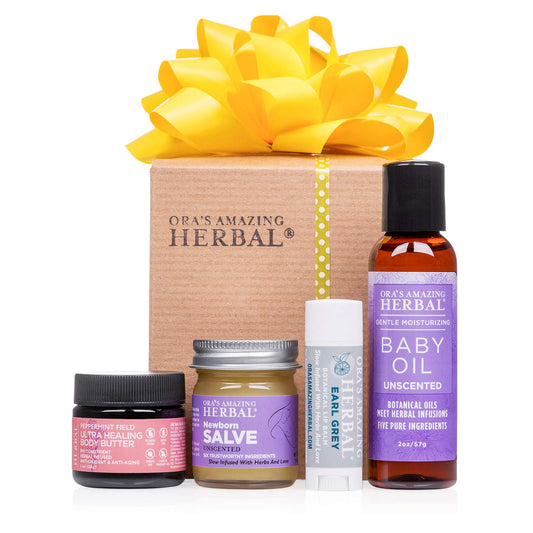 Ora's Amazing Herbal New Mom and Baby Natural Skincare Set, Natural Baby Oil, Newborn Salve, Peppermint Field Ultra Healing Body Butter for Mama's Belly, and Soothing Earl Grey Lip Balm