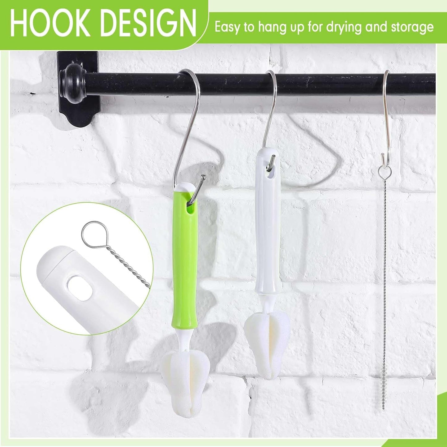 22 Pcs Sponge Bottle Nipple Brushes Set Including 12 Pcs Bottle Sponge Brush Heads 6 Interchangeable Nipple Brush Handles and 4 Long Straw Brushes for Baby Bottles (White and Green Handle)