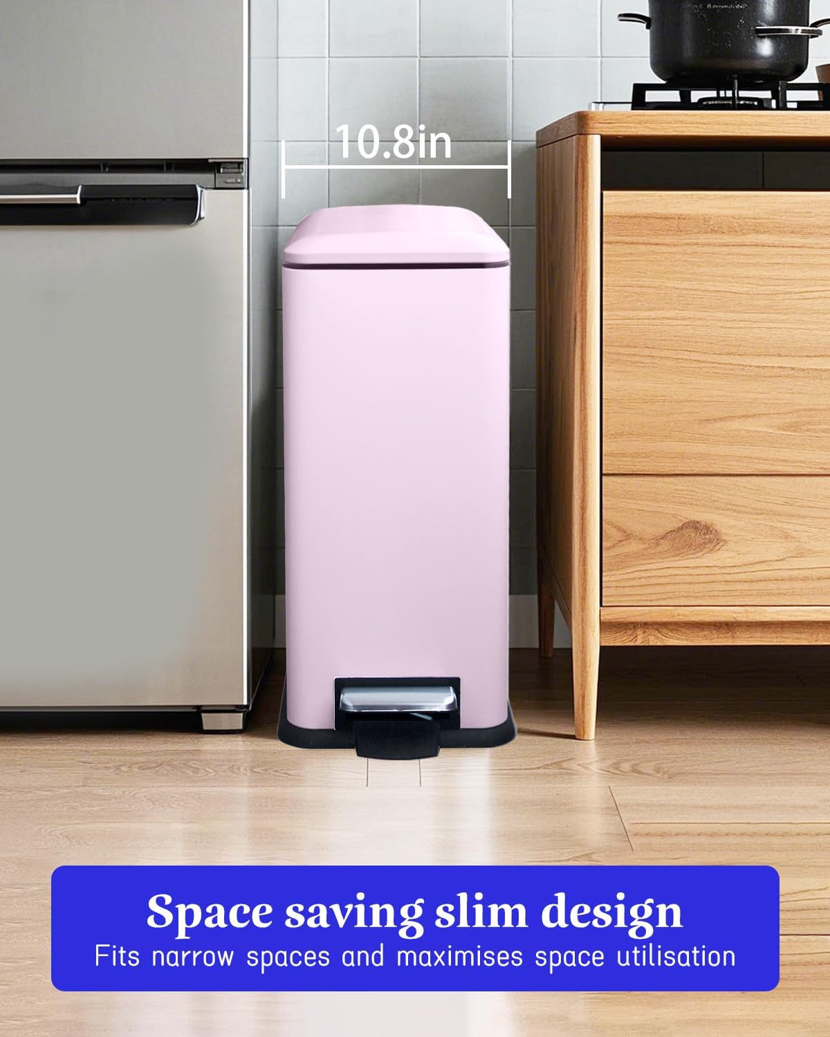 12 Gallon Slim Kitchen Trash Can, Stainless Steel Trash Can with Removal Inner Bucket and Soft-Close Lid, Pedal Garbage Can 45 Liter, Pink