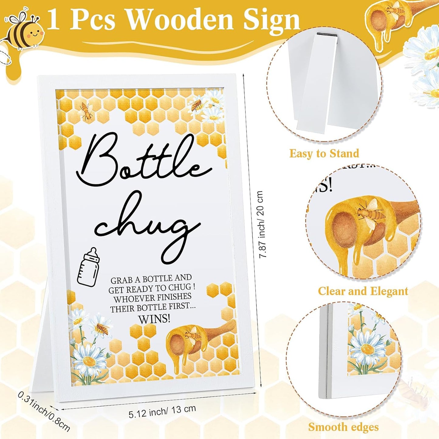 Roowest Bottle Chug Baby Shower Game Favors Including Bee Theme Wooden Sign and 18 Pcs Baby Bottles for Gender Reveal Party Supplies