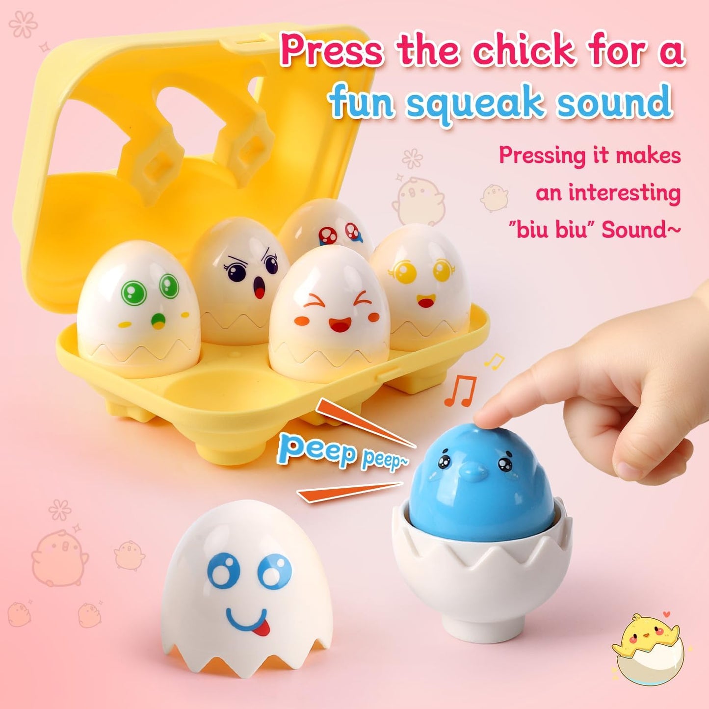 USATDD Egg Toys Hide & Squeak Matching Eggs for Toddlers, Color Recognition Sensory Learning Toys, Fine Motor Skills Montessori Toy for Kids, 6pcs