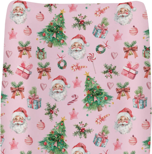 Pink Santa Christmas Trees Baby Changing Pad Covers for Boy Girl Santa Gifts Pine Fir Leaves Candy Love Fitted Changing Table Mats Winter Holiday Festive Soft Diaper Change Table Sheets 32''×16''
