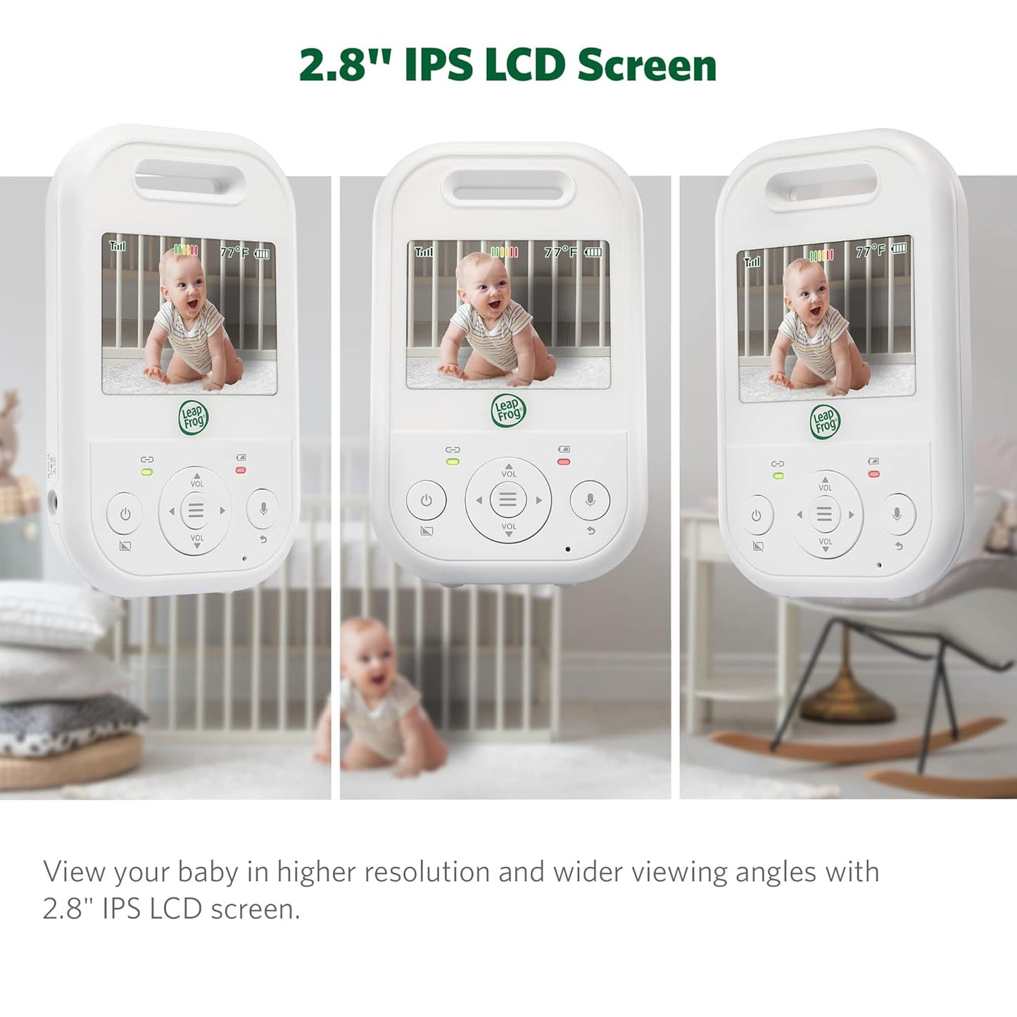 LeapFrog LF2423 Baby Monitor, 2.8” Screen Video Monitor with Camera, 2-Way Audio, 1000ft Range, Night Vision, Soothing Lullabies, Temperature Sensor, Secure Transmission No WiFi