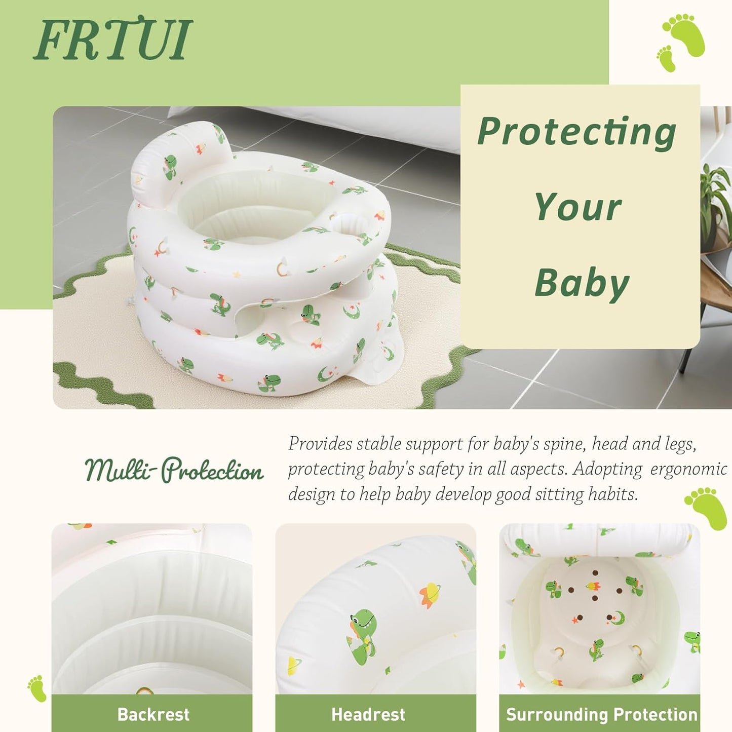 Inflatable Baby Seat for 3-36 Months Babies, Blow up Baby Chair with Built-in Air Pump, PVC Material, Full Enclosure Protection, Outdoor Travel Inflatable Chair for Infant, Green Dinosaur