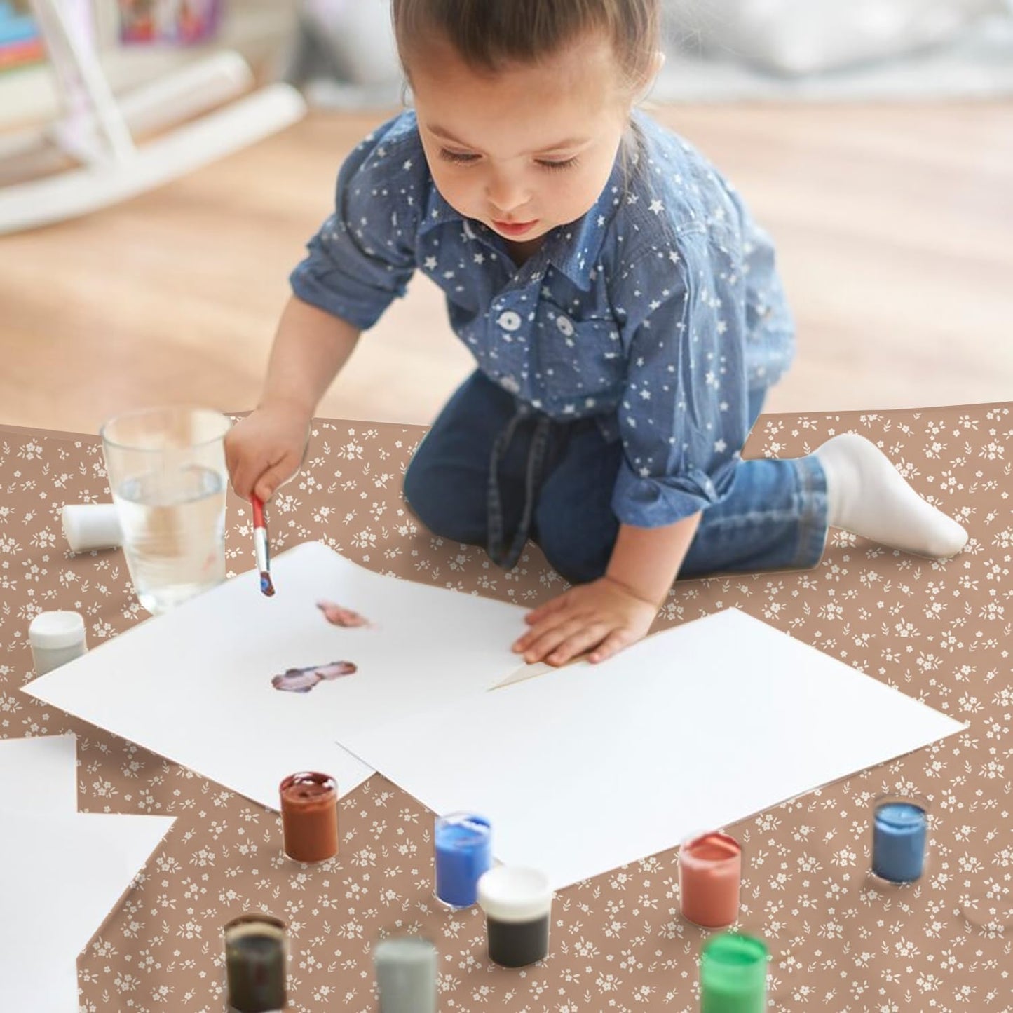 Baby Splat Mat for Under High Chair, 51 x 51 Inch Wipeable Splash Mat，Floor Protector，Wipe-Clean Tablecloth and Playing Mat (Flower)