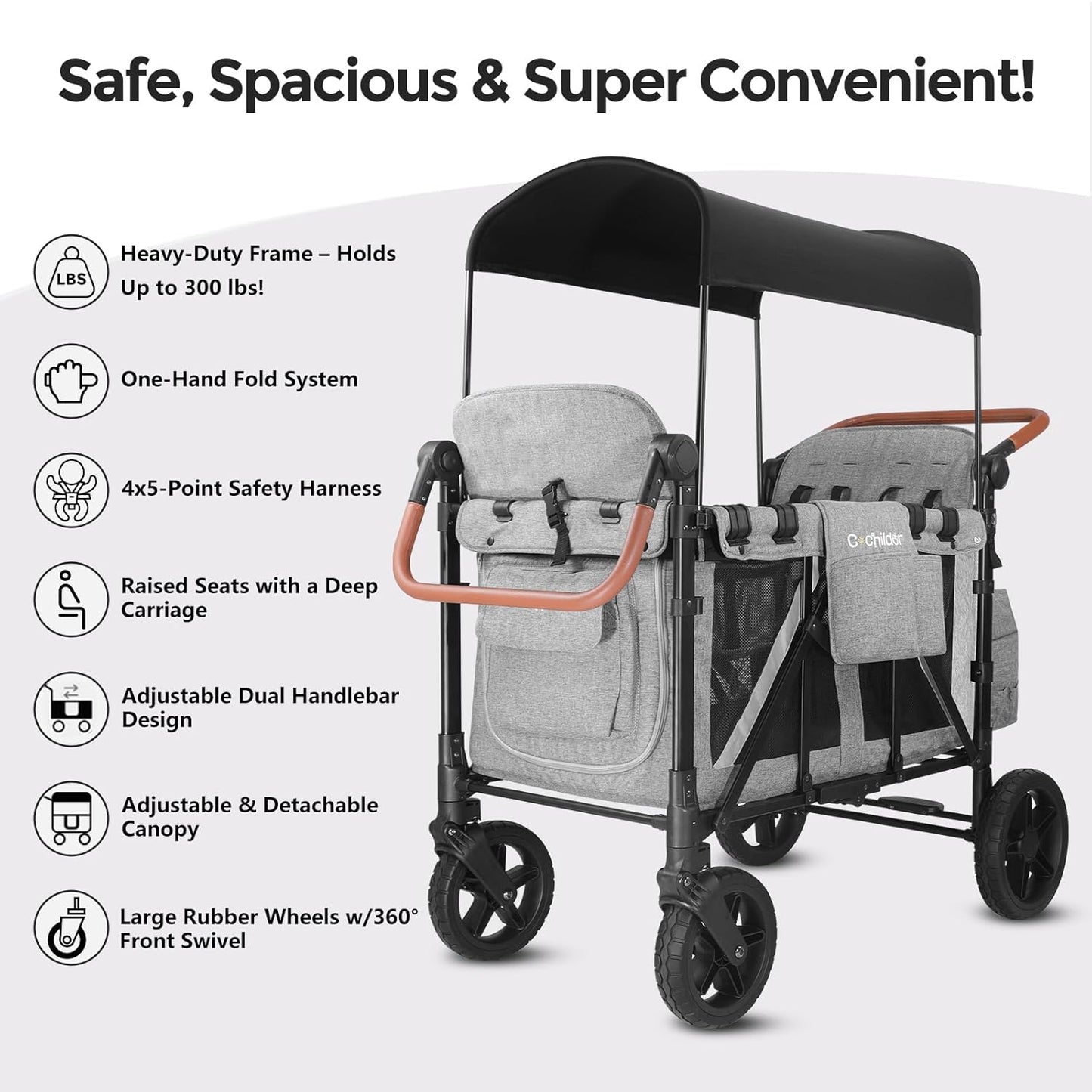 Premium 4-Seater Wagon Stroller for Kids, All-Terrain Heavy Duty Stroller Wagon with 300lb Capacity, 1-Hand Fold, High Seats with 5-Point Harness, Adjustable Canopy & Handlebars, Light Gray