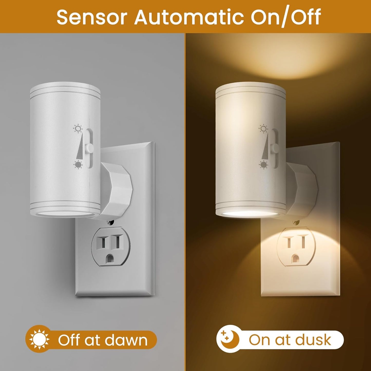 LED Plug-in Wall Night Light with Dimmable 0-300 Lumens, 2700K Warm White, Auto On/Off Light Sensor & Adjustable Head for Hallway, Stairs, Bedroom,2 Pack