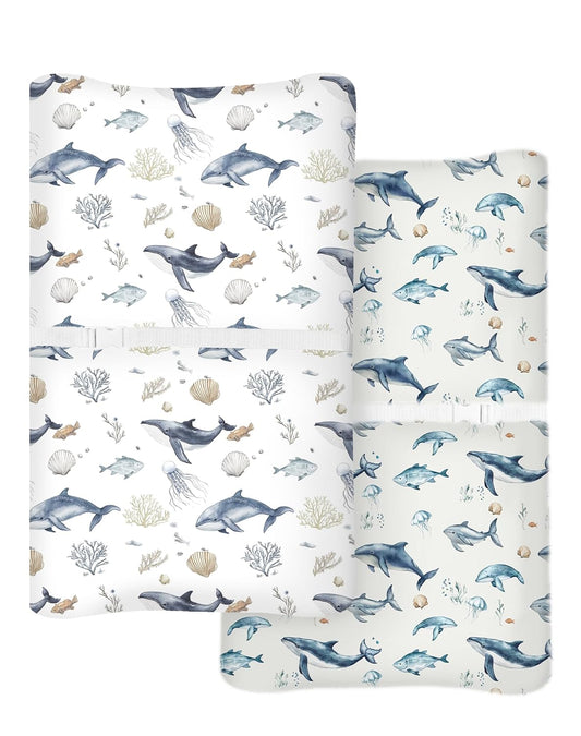 Changing Pad Cover for Baby Boys Girls 2 Pack, Fits Standard 32”×16” Changing Table Pads, Silky Breathable Stretch Knit, Machine Washable (Aquatic Adventures)