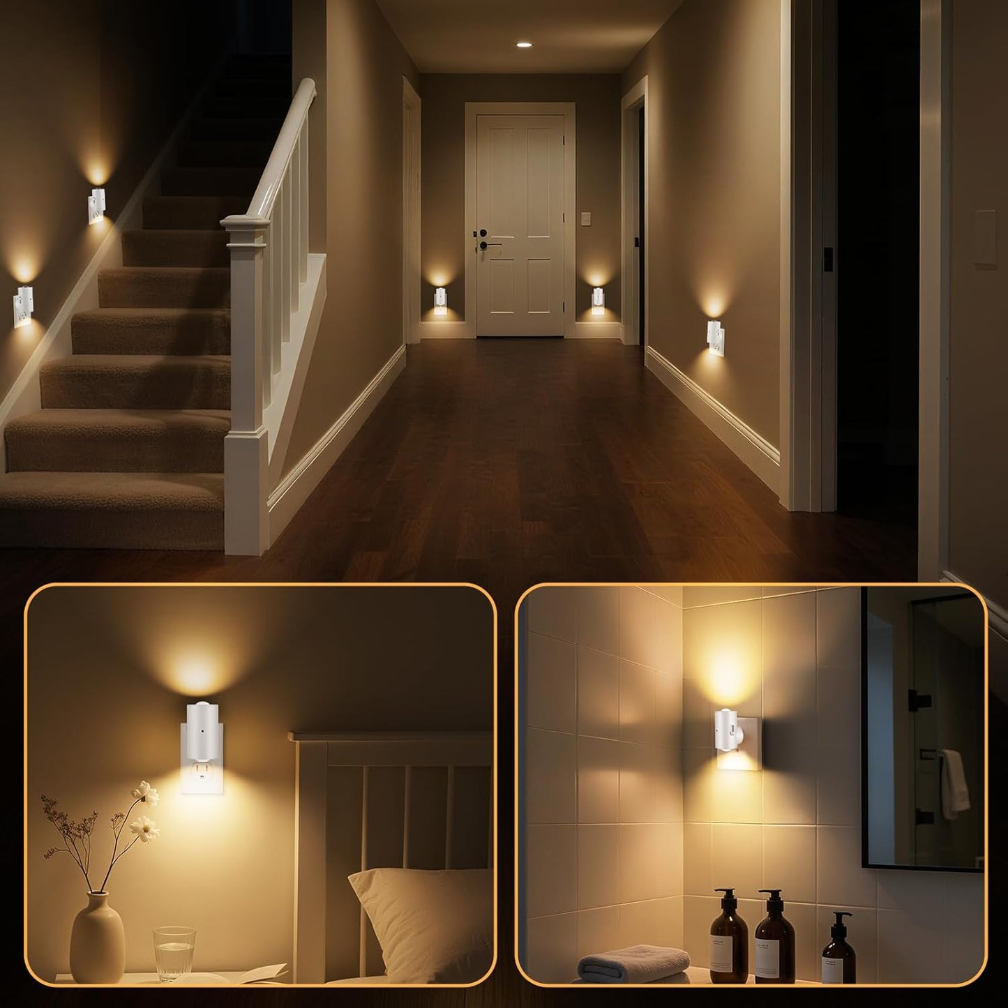 4 Pack Mini LED Night Light, Dimmable Plug-in Wall Light with Dusk to Dawn Auto On/Off, 180° Rotating Head, 3000K Soft White, 0-200 LM for Nursery, Hallway, Bathroom