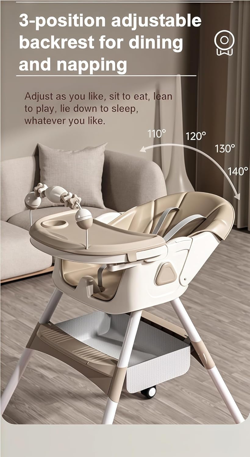 Nine point nine PU Leather High Chairs with Rocking Mode, High Chair for Babies and Toddlers, Adjustable and Easy to Fold Highchair, Highchairs with Double Tray (Grey)