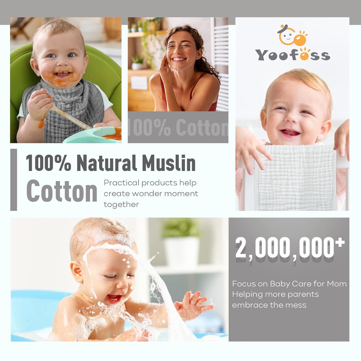 Yoofoss Muslin Burp Cloths for Baby 10 Pack 100% Cotton Baby Washcloths for Boys Girls Large 20''X10'' Super Soft and Absorbent Gradient Grey