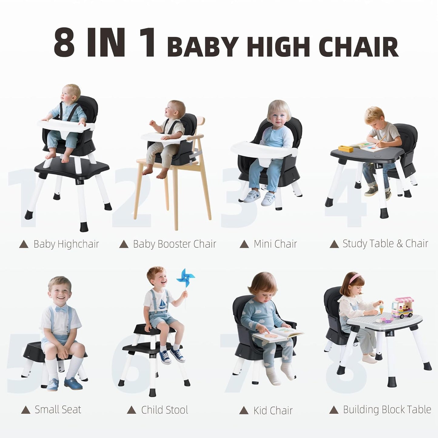 8 in 1 Baby Highchair, Convertible High Chair for Babies and Toddlers, Booster Seat w/5-Point Safety Belt, Toddler Building Block Table, Dishwasher Safe Tray, No Tool Install, Black