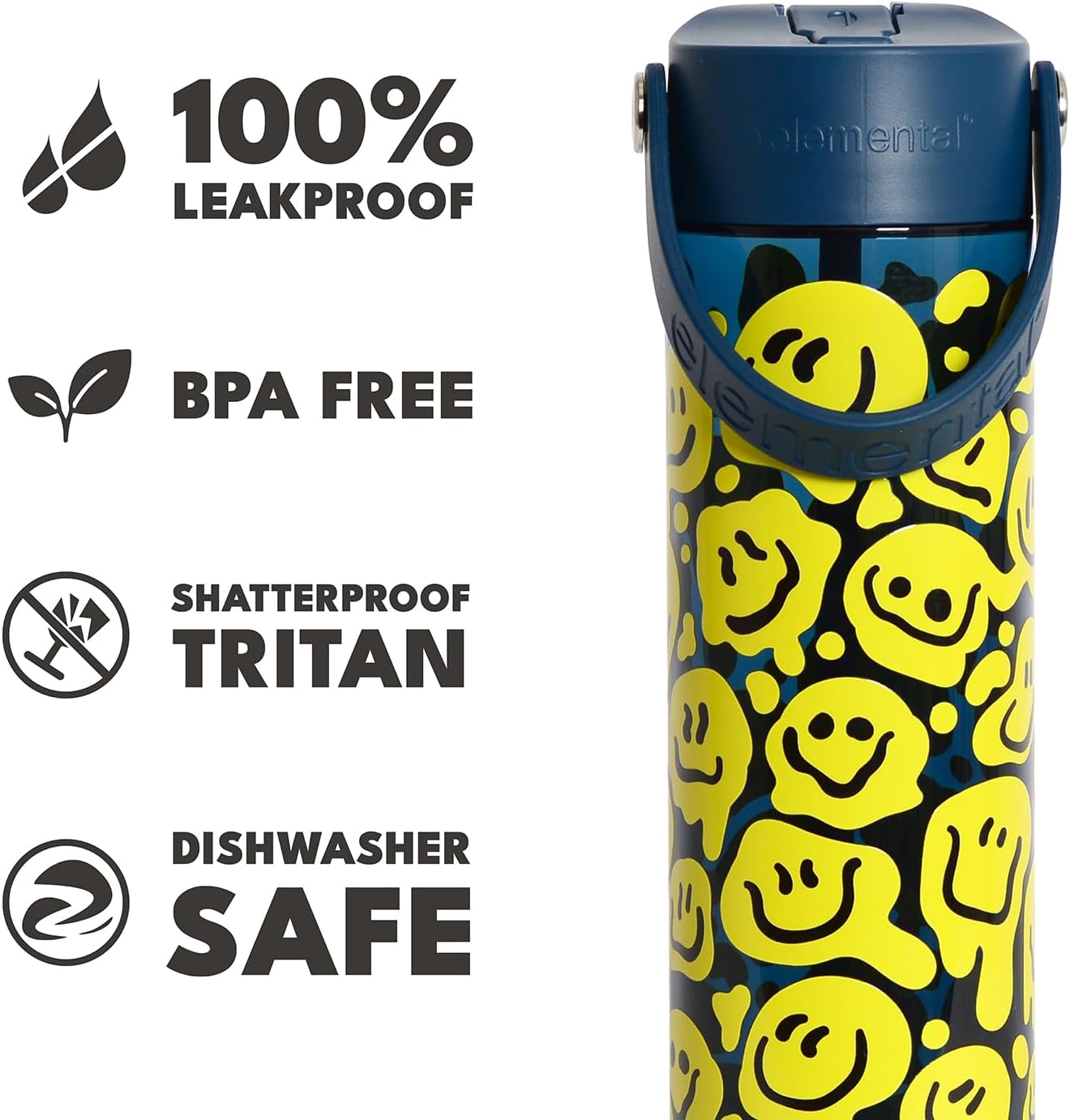 Elemental Splash Water Bottle with Straw - BPA-Free Tritan Plastic Reusable Water Bottle with Strap - Ideal for Travel, Gym and Sports - Leak Proof when Spout is Closed - 26oz - Smiley Melt
