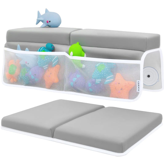 Comfortable Baby Bath Kneeler and Elbow Rest Pad Set – Thick Memory Foam Bath Kneeling Pad with Elbow Support – Baby Bathtub Cushion with Toy Organizer for Bathing Infant or Toddler - Grey