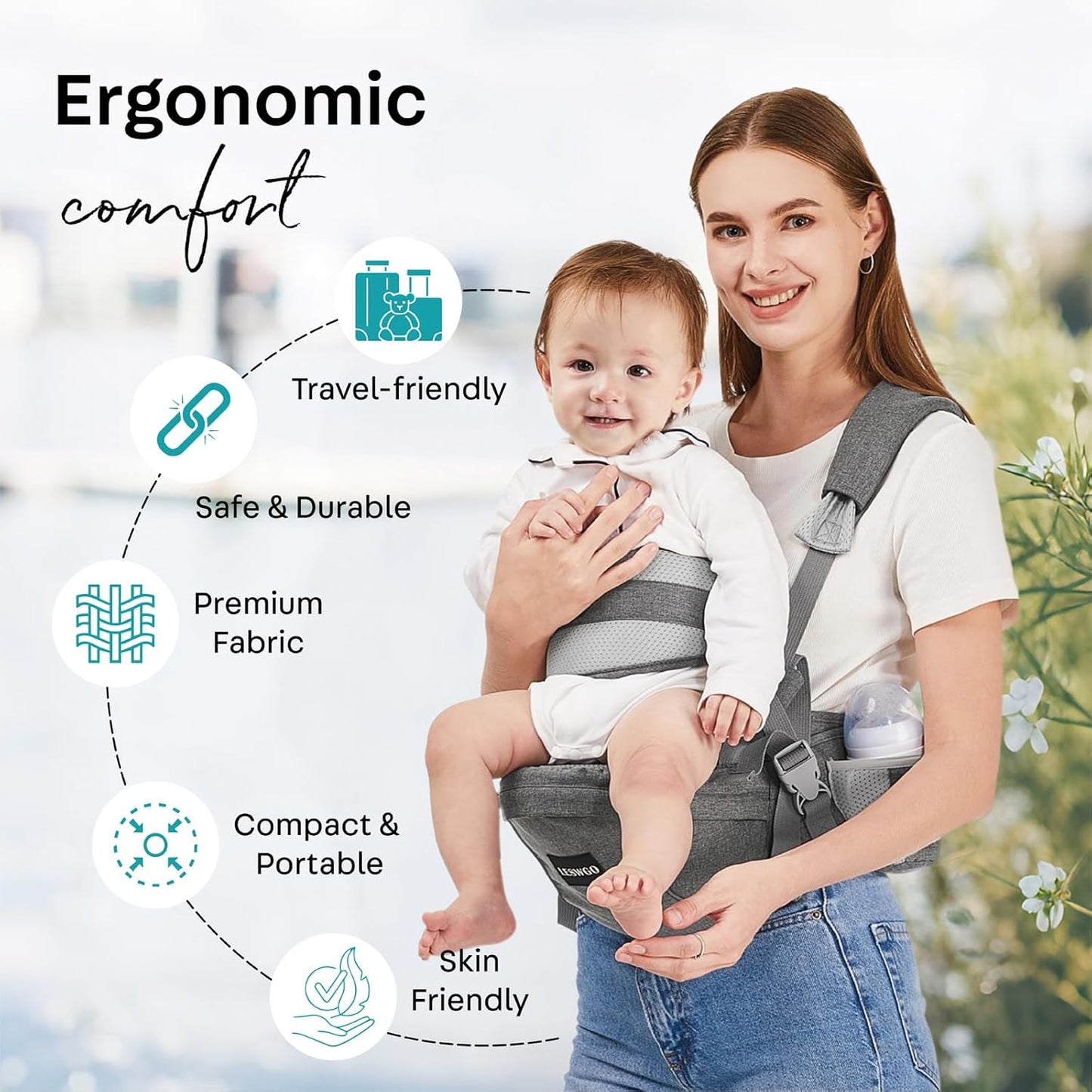 Baby Hip Carrier, Ergonomic,Baby Holder Carrier with Multiple Pockets & Shoulder Strap for Newborns & Toddlers -Gray