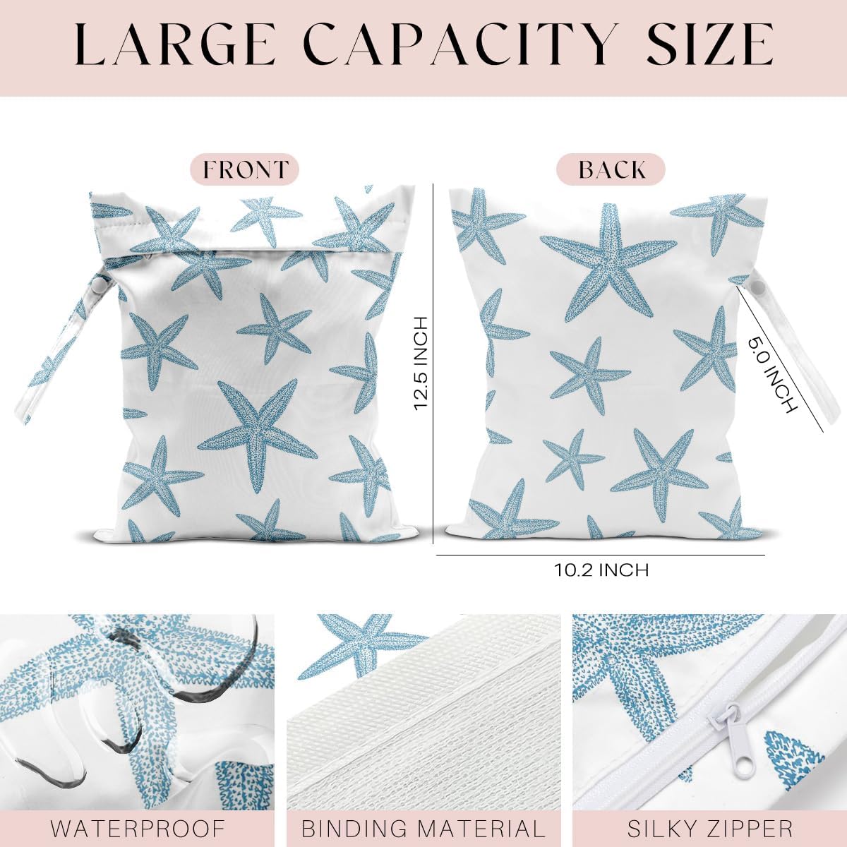 4Pcs Waterproof Wet Bag for Swimsuit, Travel Beach Wet Dry Bag, Hidden Zipper Reusable Shell Starfish Beach Palm leaf Decor, for Travel Beach Wet Swimsuits Toiletries Diapers Laundry Bag