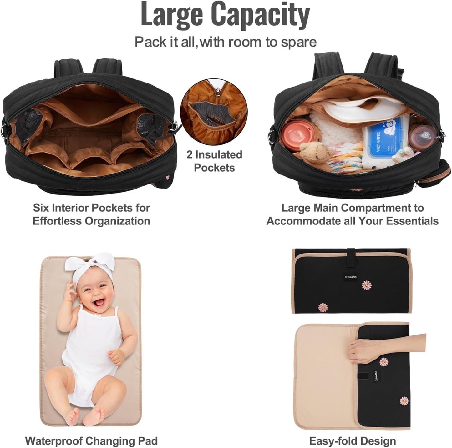 Diaper Bag Backpack, Medium Maternity baby bag & Changing Pad, Insulated Pockets, Stroller Straps & Pacifier Case (Medium - Black Flowers)