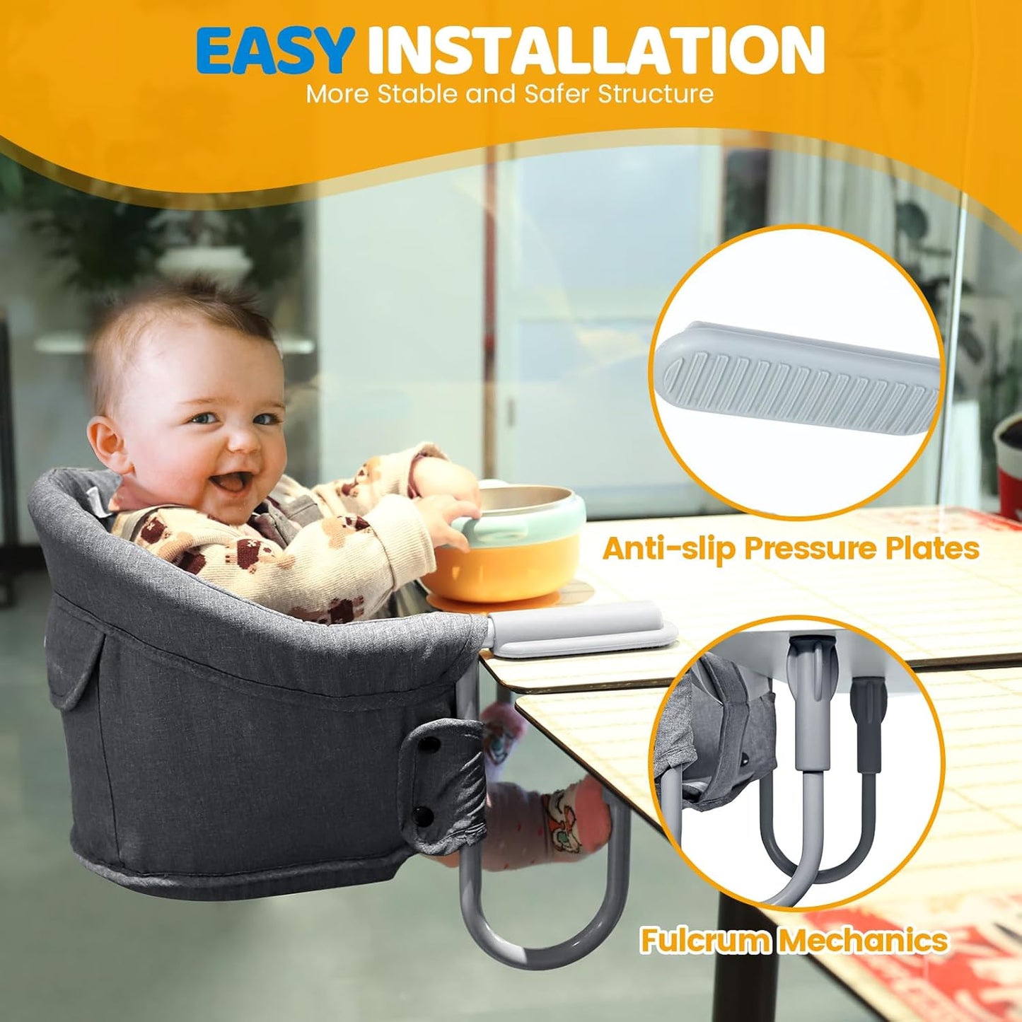 Orzbow Hook On High Chair, Portable Table Highchair Seat for Babies & Toddlers 6-36 Months, Collapsible Clip On Counter High Chair with Carry Bag for Travel, Home and Restaurant, Easy Clean, Gray